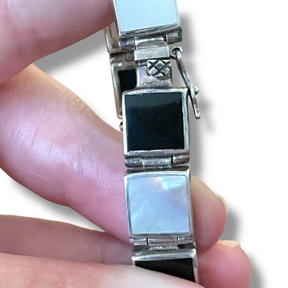 Vintage Sterling Silver Black Onyx Mother of Pearl Link Panel Bracelet 925 7" - Picture 6 of 10